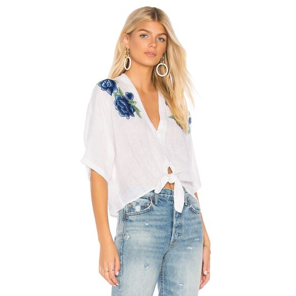 NWT Rails Thea Blue Rose Embroidery Button Up Linen Blouse Women's Size Medium - Picture 1 of 12